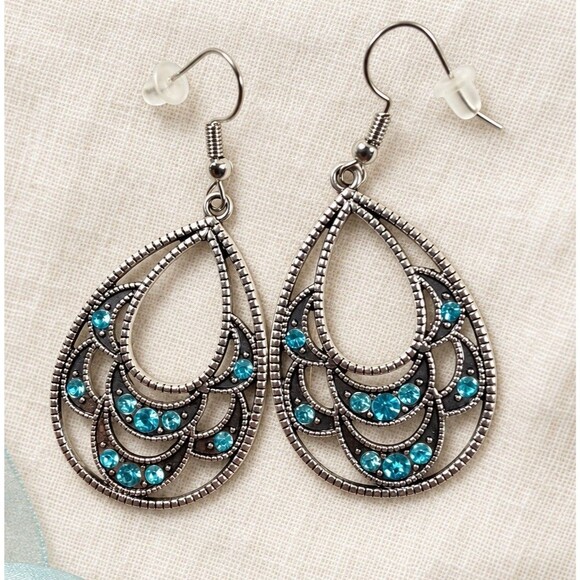 Aqua Jewelry - Aqua Blue Rhinestone Teardrop Dangle Earrings Silver Tone Filigree